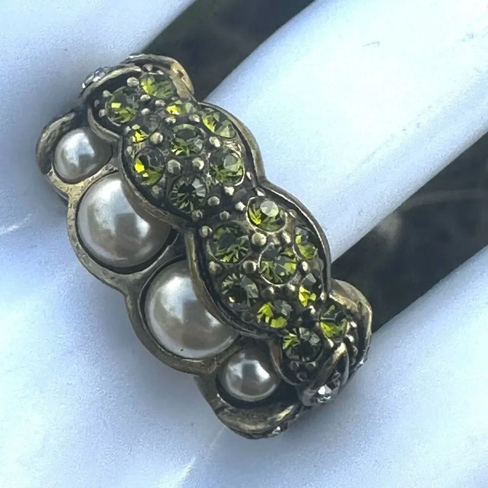 Heidi Daus Pearl & Green Crystal Band Ring